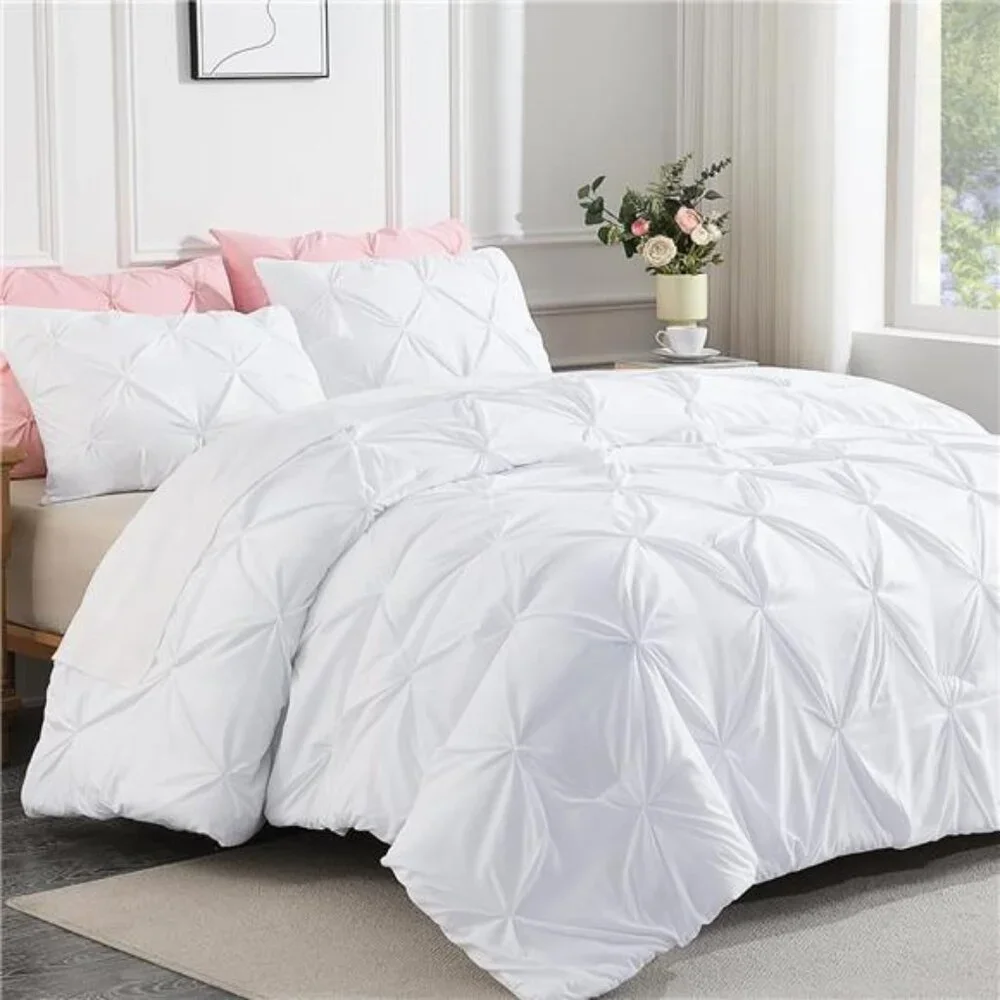 White Queen Comforter Set(90x90Inch),3 Pieces Cute Pinch Pleat Bedding Comforter